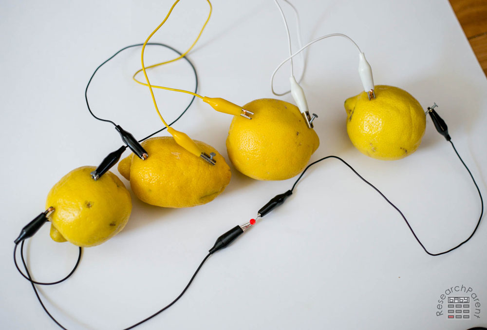 Lemon Battery Close-Up with Red Light