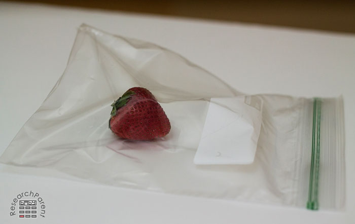 Put the strawberry in the ziploc bag.